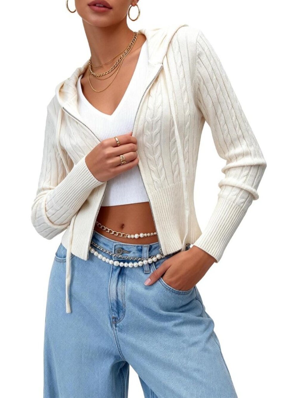 Cozy Cropped Cable Knit Hoodie Sweater Jacket - Y2K Style, Zip Up, Women's